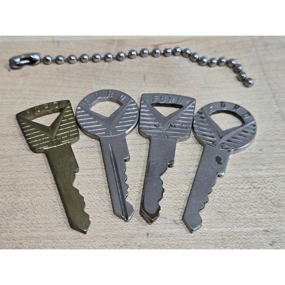 Vintage Ford Car Keys Set of 4 USA V Logo Silver Brass 1950s Ignition Truck